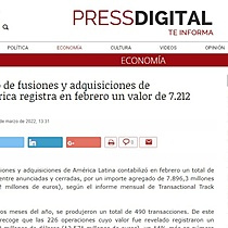 El mercado de fusiones y adquisiciones de Latinoamrica registra en febrero un valor de 7.212 millones